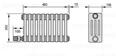 Схема (чертеж) Радиатор Zehnder Charleston 4030/10 №V003 Белый глянцевый RAL 9016